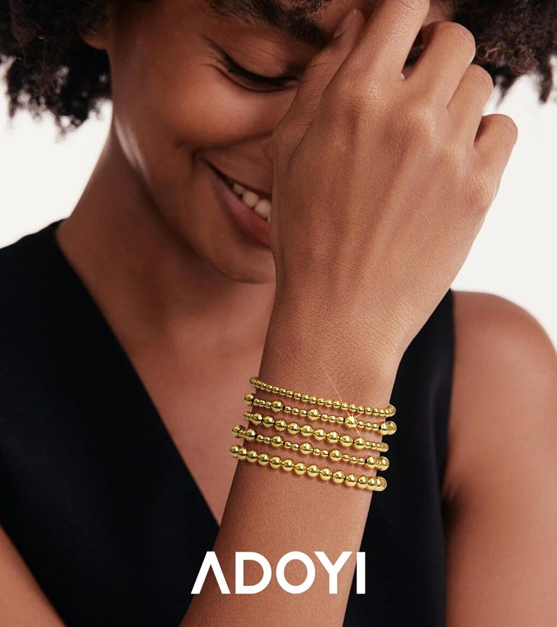 adoyi Gold Bracelets for Women Beaded Bracelet 14K Gold Plated Bracelet Stack Strand Stretch Bead Ball Bracelet Set Stackable Bracelet Adjustable Bracelet Set Jewelry for Gifts - Image 2